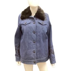 Vintage Dennis Basso Women’s Denim Coat Size M Faux Fur Removable Lining Beaded